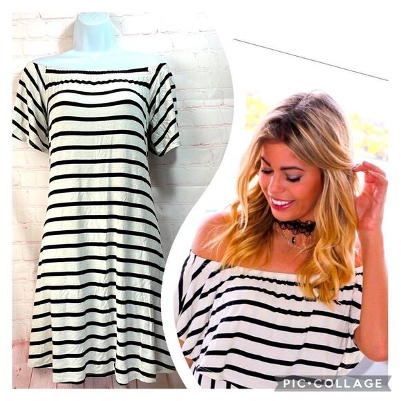 Bellamie-Off shoulder striped tent stretchy mini dress pockets - Picture 10 of 10